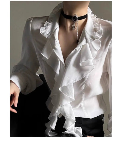 Women's Harajuku Vintage Black Bottoming Shirt | Stand Collar Ruffles Slim Japanese Victorian Long Sleeve Blouse