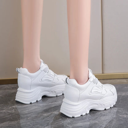 Rimocy Women's White Platform Sneakers – 7cm Chunky Sole PU Leather Lace-Up Shoes