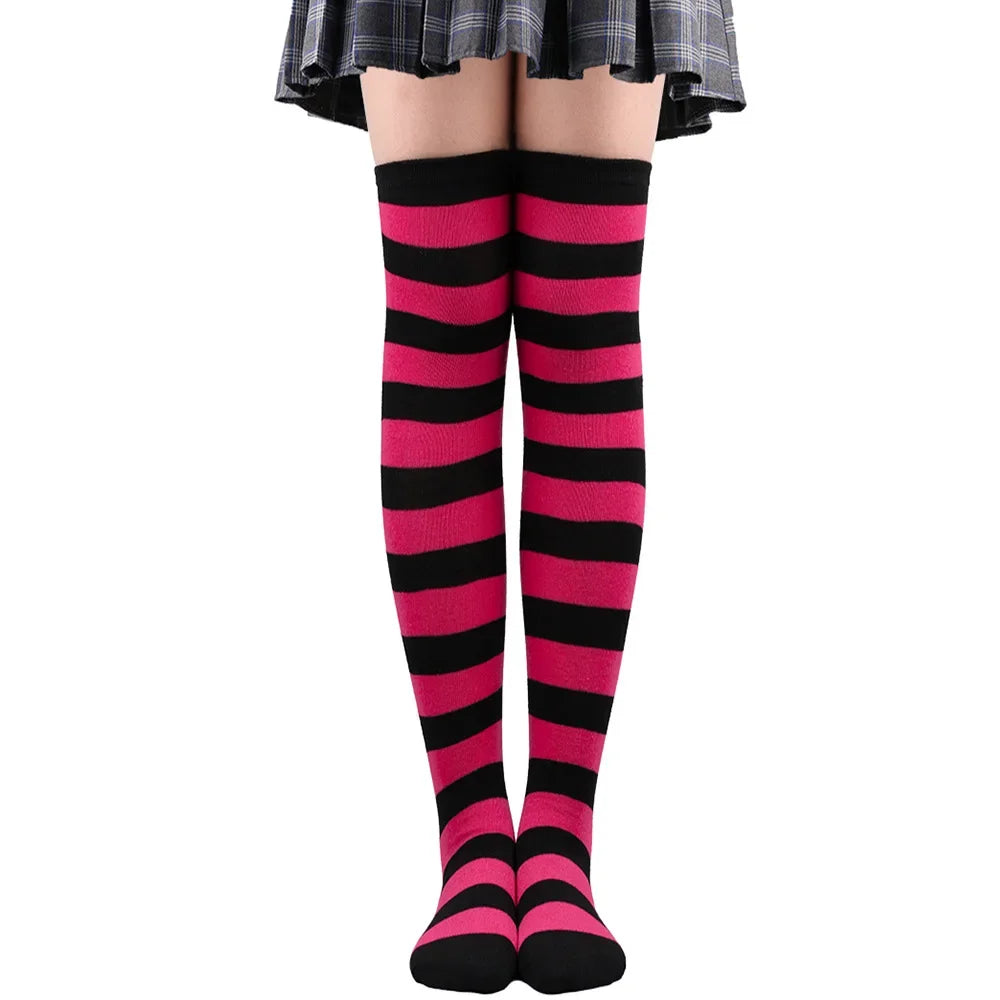 Women's Striped Thigh High Stockings | Black, White & Pink Over-Knee Lolita Harajuku Y2K Socks