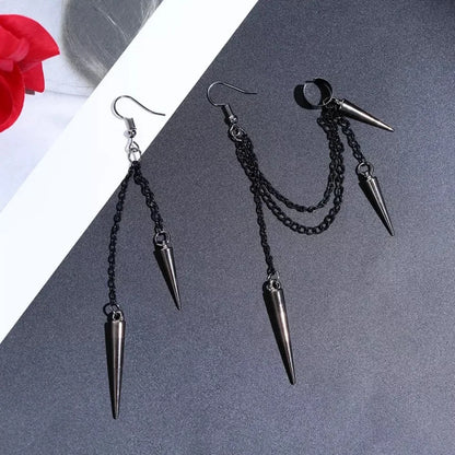 Men's Retro Punk Chain Tassel Earrings – Black Gothic Dangle Ear Cuff for Alt, Grunge & Streetwear Style