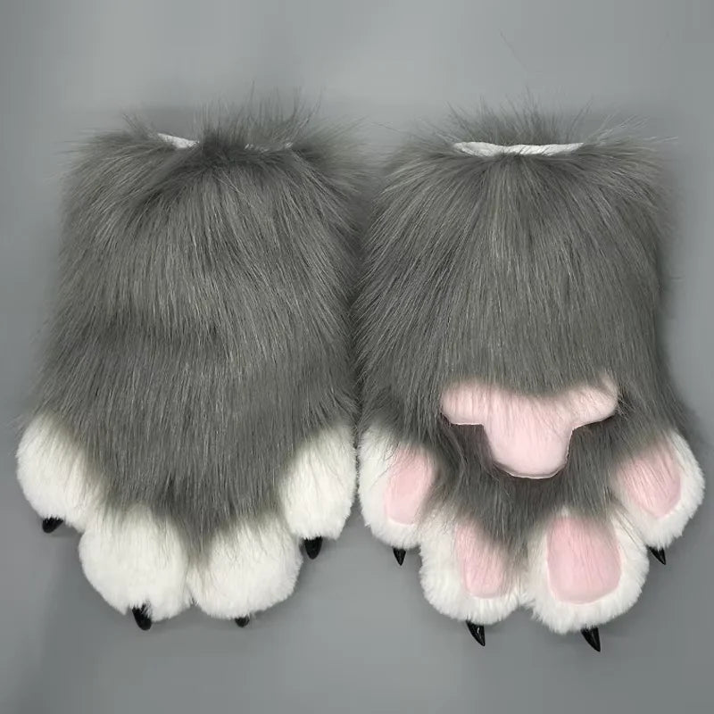 Fursuit Paw Gloves Faux Fur Animal Claw Mittens for Cosplay and Halloween