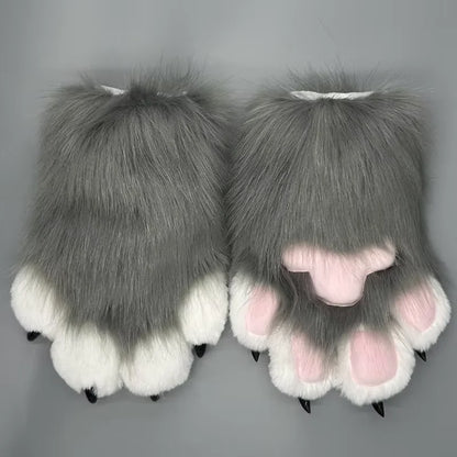 Fursuit Paw Gloves Faux Fur Animal Claw Mittens for Cosplay and Halloween
