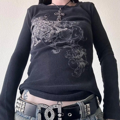 Women's Y2K Grunge Skull Graphic Thermal T-Shirt | 90s Vintage Aesthetic Long Sleeve Pullover Top