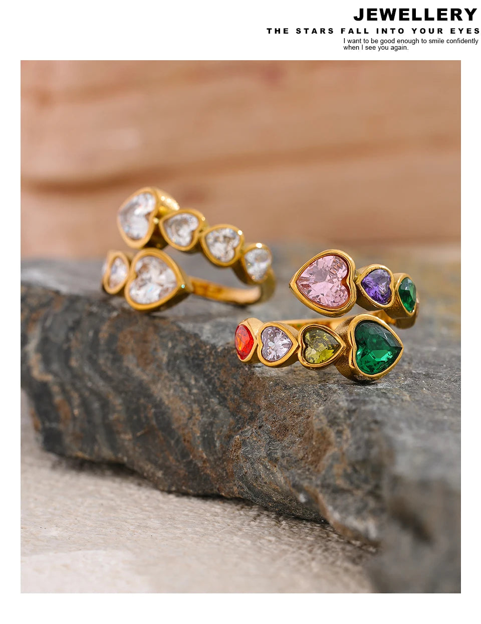 Cubic Zirconia Heart Open Ring in 18K Gold Plated Stainless Steel
