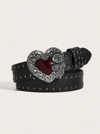 Women's Y2K Punk Gothic Rose Essential Oil Leather Belt | Rivet Heart Drop Spring Summer Waist Accessory