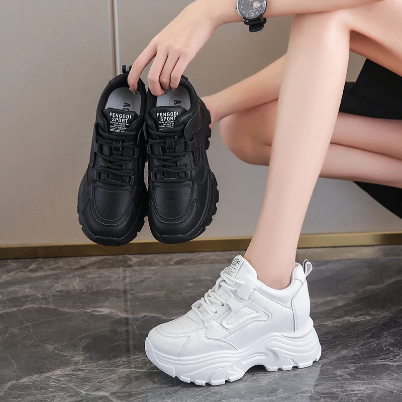Rimocy Women's White Platform Sneakers – 7cm Chunky Sole PU Leather Lace-Up Shoes