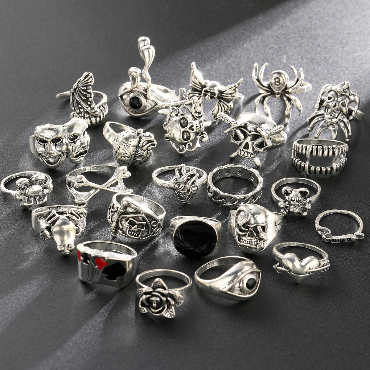 24 Piece Gothic Punk Ring Set for Men Skeleton Butterfly and Frog Jewelry