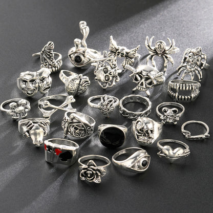 24 Piece Gothic Punk Ring Set for Men Skeleton Butterfly and Frog Jewelry