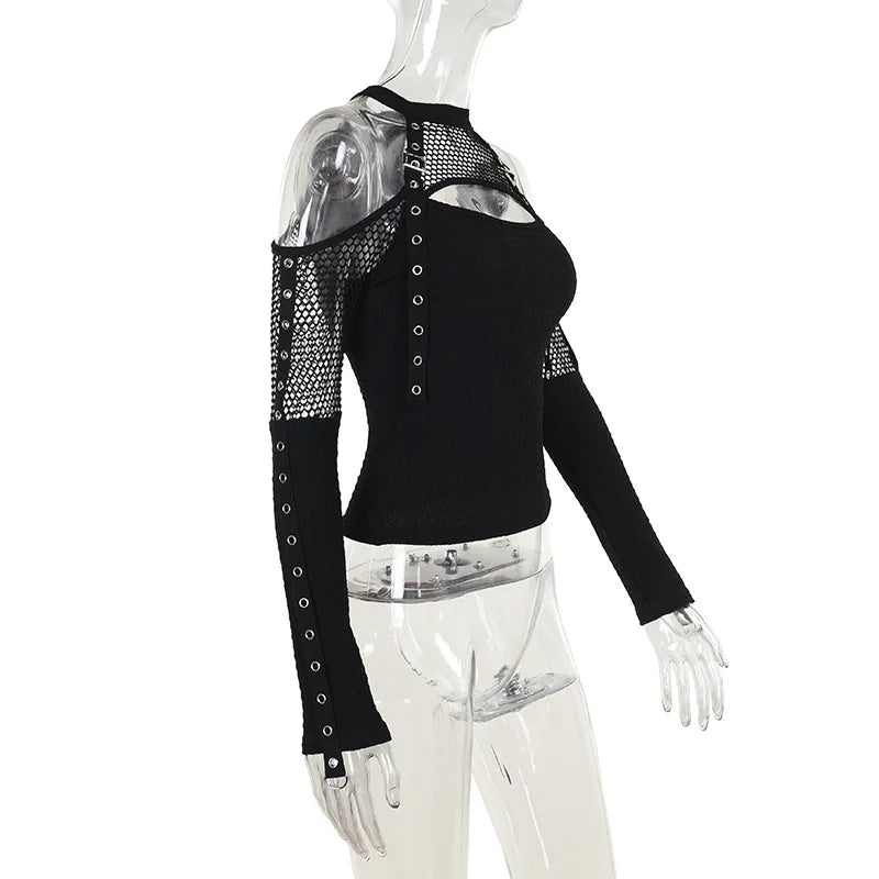 Women's Goth Dark Punk Fishnet Patchwork Off-Shoulder T-Shirt | Halter Crop Top Mall Gothic Streetwear