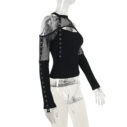 Women's Goth Dark Punk Fishnet Patchwork Off-Shoulder T-Shirt | Halter Crop Top Mall Gothic Streetwear
