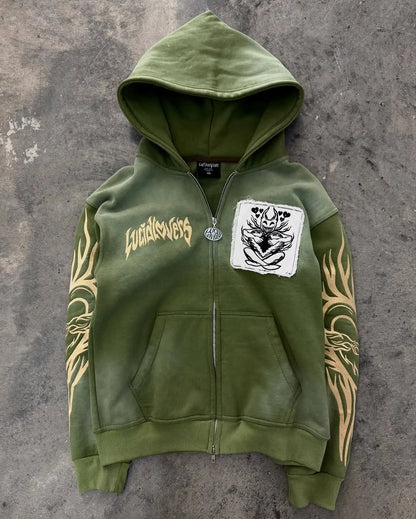Y2K Punk Rock Zip-Up Hoodie – Harajuku Grunge Loose Fleece Sweatshirt