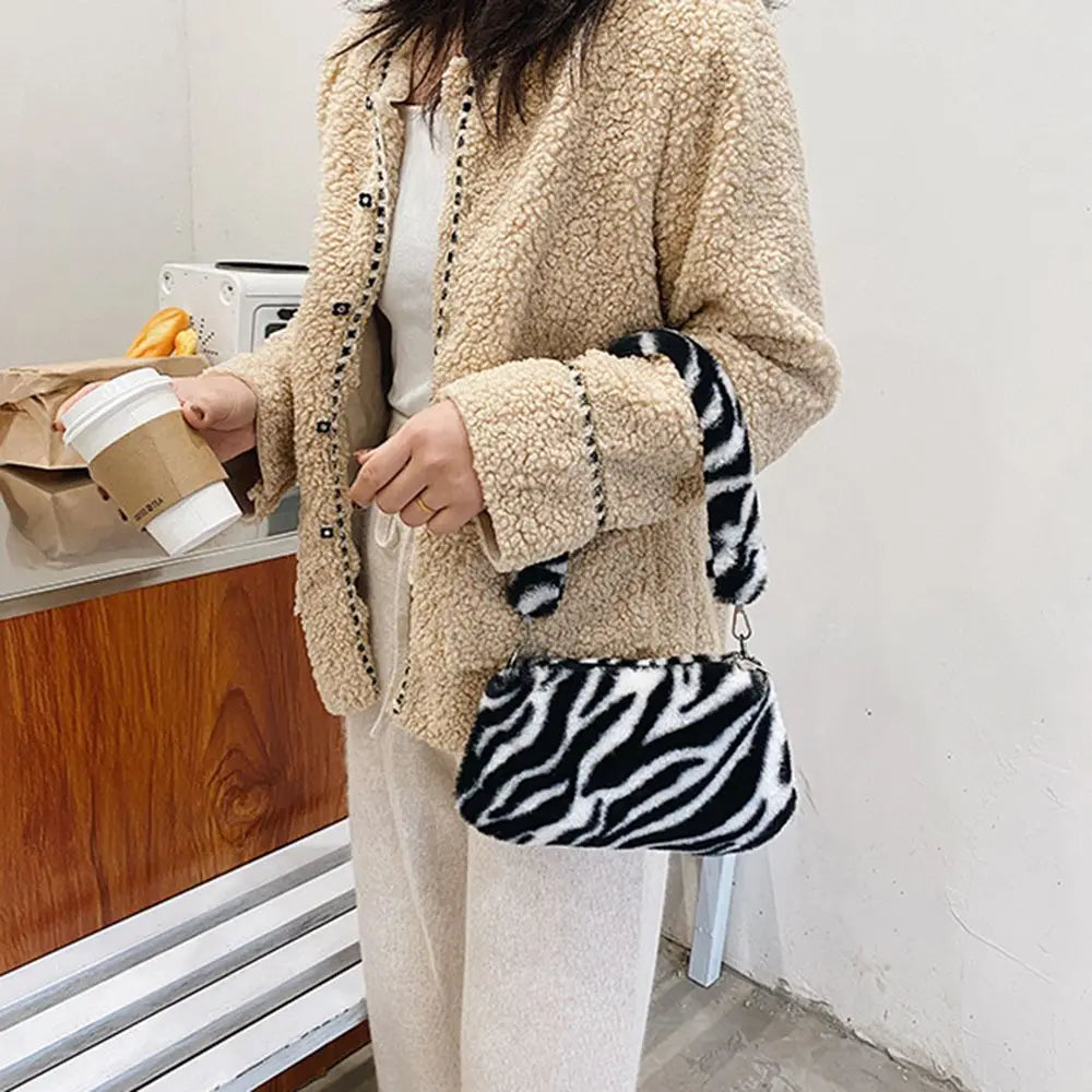Women's Animal Print Leopard Plush Shoulder Bag | Casual Crossbody Messenger Bag for Ladies