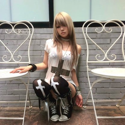 Women's Japanese Y2K Metal Cross Print T-Shirt | Harajuku Sheer Short Sleeve Streetwear Grunge Top