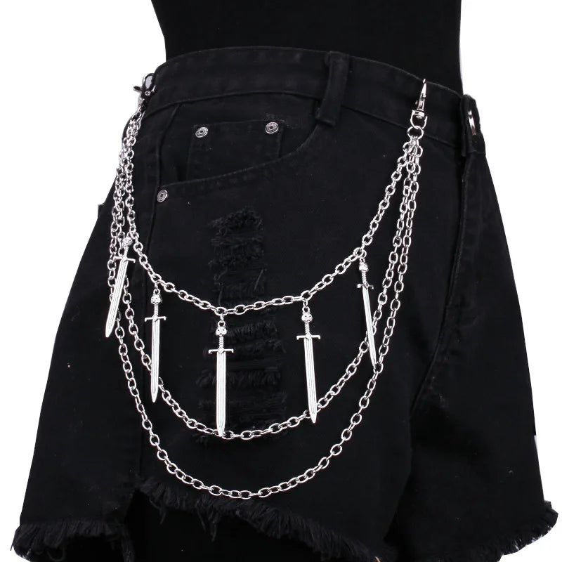 Men's Punk Spike Rivet Metal Pants Chain Belt Chain and Keychain