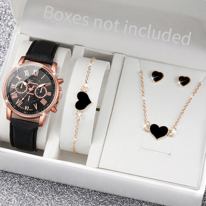 Women's Fashion Quartz Watch & Jewelry Set | 5/6pcs Heart Rhinestone Leather Band Wristwatch
