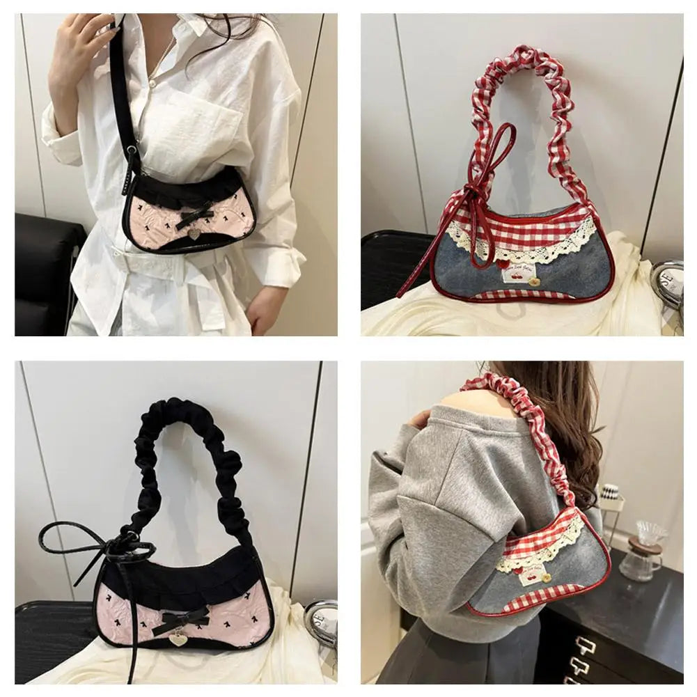 Women's Fashion Grid Shoulder Bag | Lace Ribbon Strap Underarm Handbag for Daily Commuting & Students