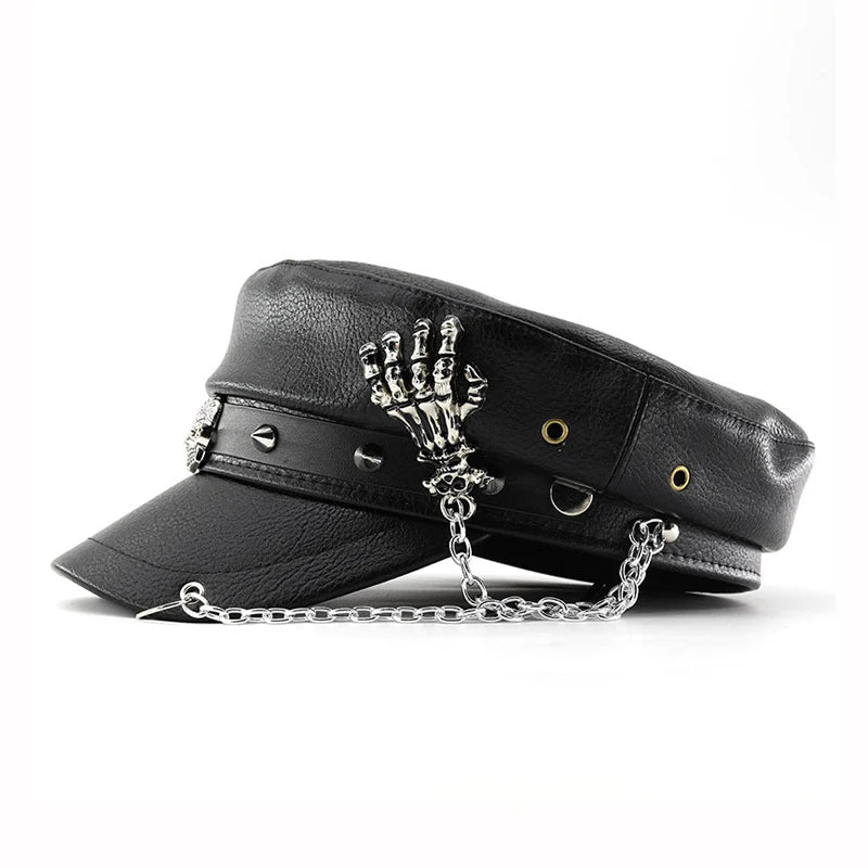 Women's Punk PU Leather Beret | Vintage Flat Top Military Cap for Outdoor & Casual Wear