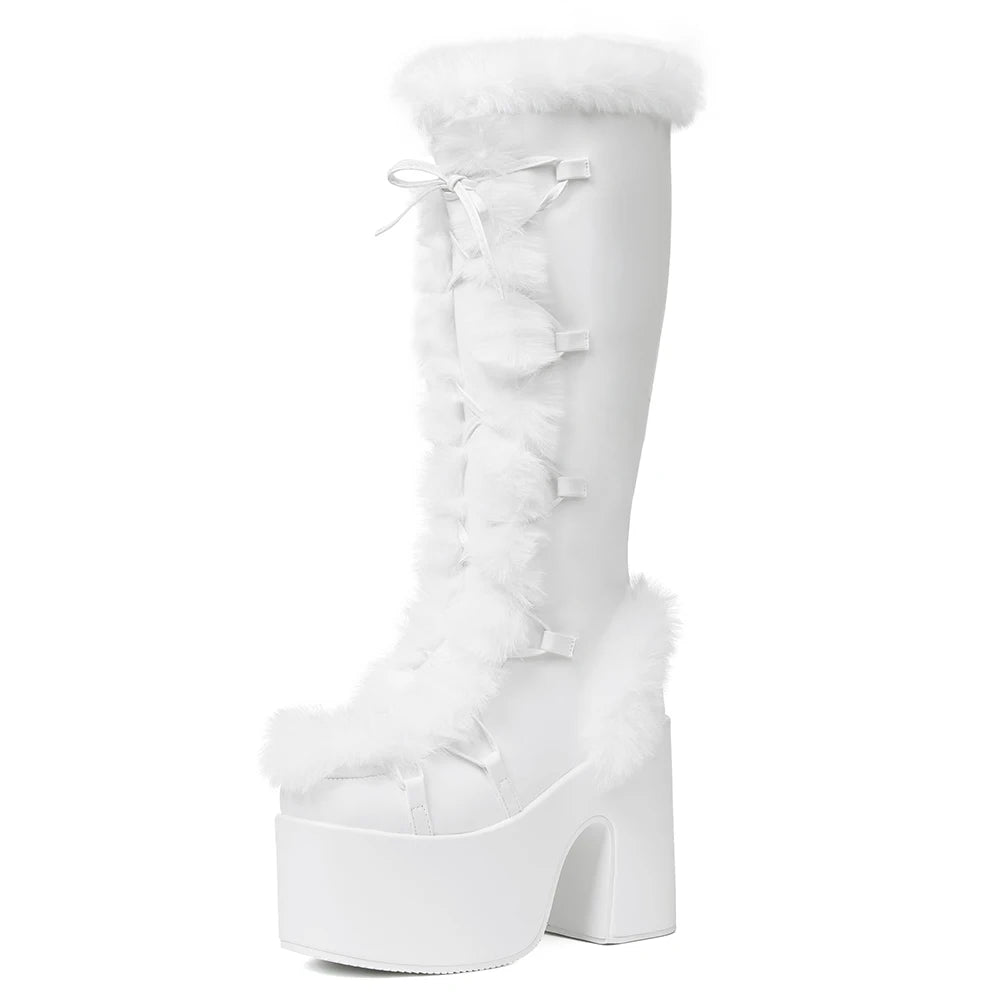Faux Fur Trim Platform Knee High Boots for Women