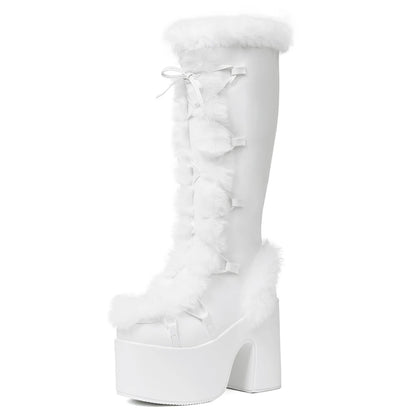 Faux Fur Trim Platform Knee High Boots for Women