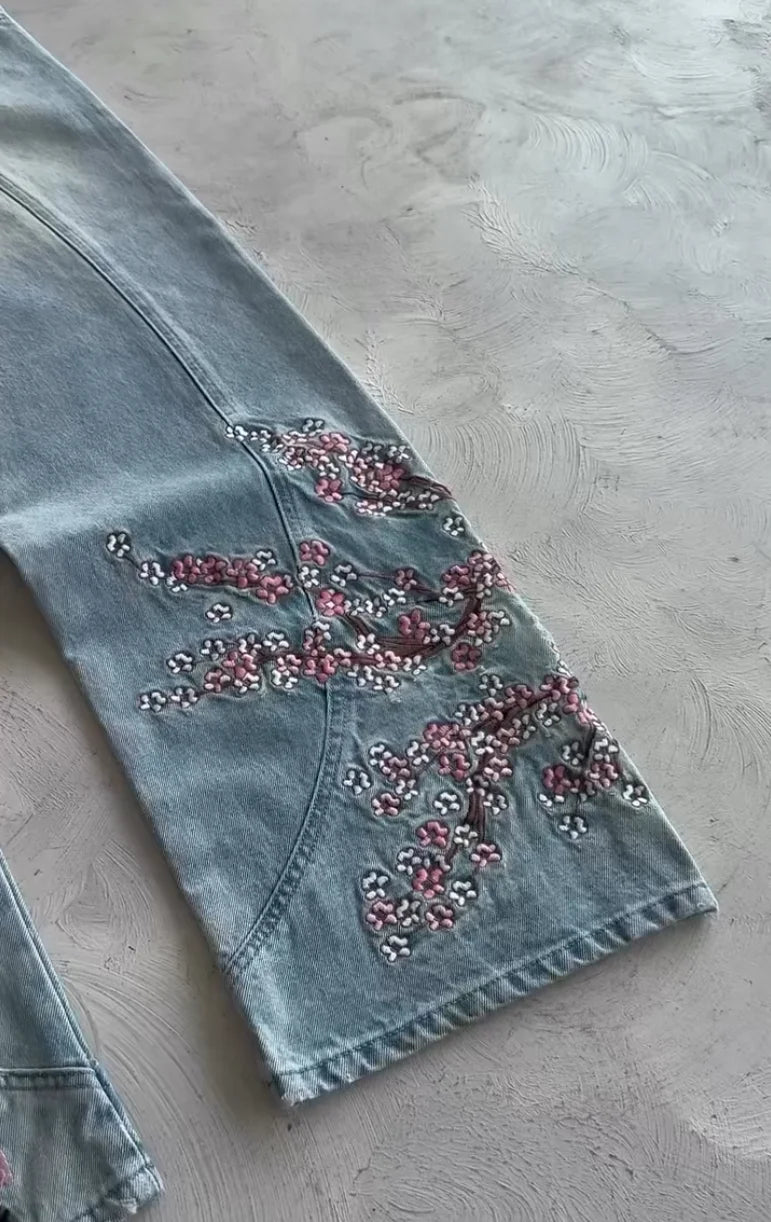 Cherry Blossom Embroidery Baggy Jeans for Men