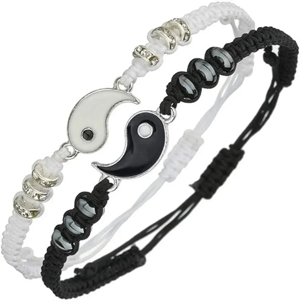 Couple Tai Chi Bracelet Set | 2pcs Black & White Adjustable Chain Bracelet for Daily Wear