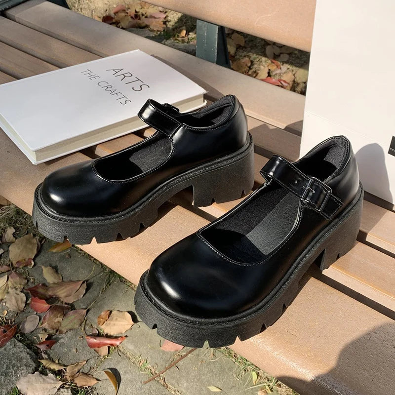 Women's Patent Leather Platform Mary Jane Pumps with Ankle Buckle