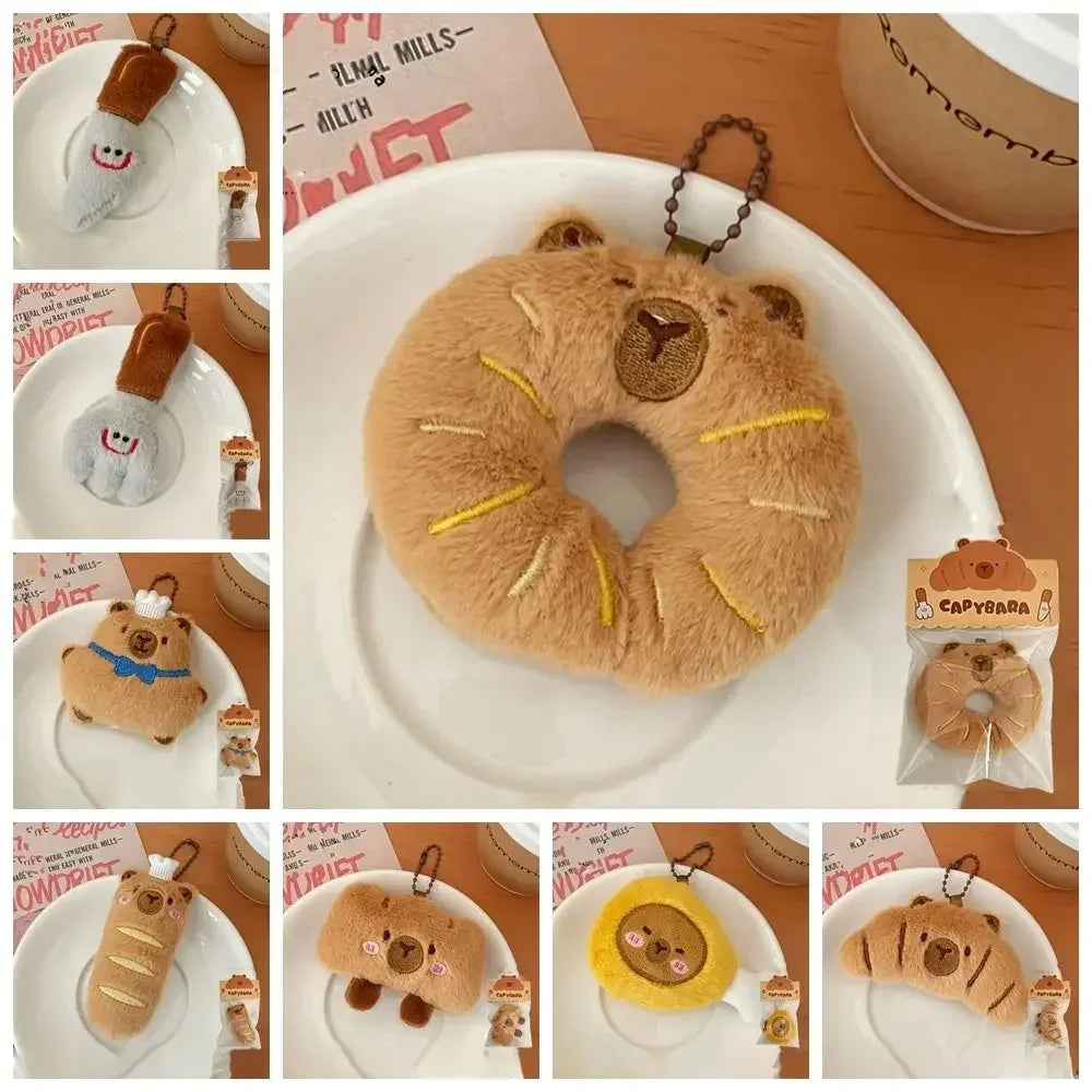 Cartoon Capybara & Croissant Plush Keychain | Soft Bread Food Stuffed Hanging Accessory