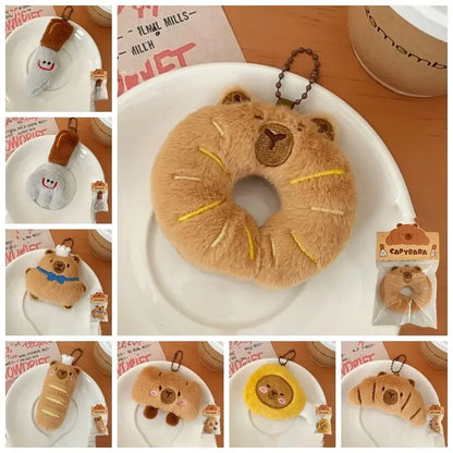 Cartoon Capybara & Croissant Plush Keychain | Soft Bread Food Stuffed Hanging Accessory