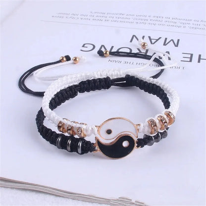 Couple Tai Chi Bracelet Set | 2pcs Black & White Adjustable Chain Bracelet for Daily Wear