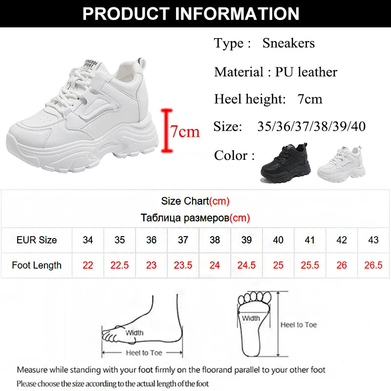 Rimocy Women's White Platform Sneakers – 7cm Chunky Sole PU Leather Lace-Up Shoes
