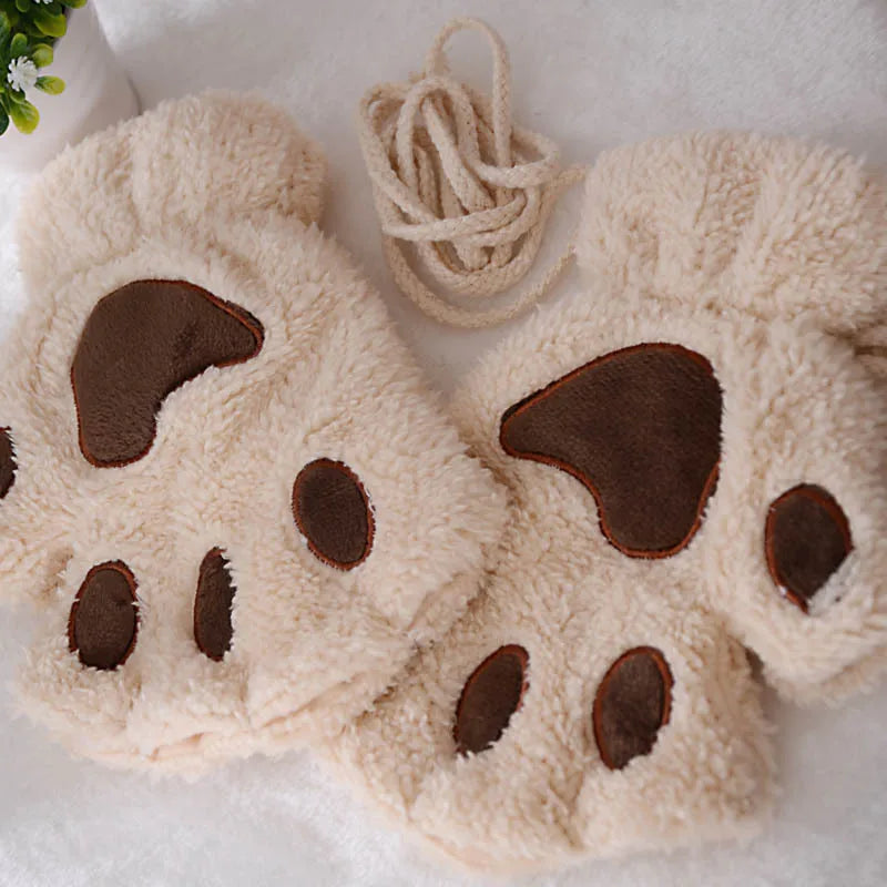 Cat Paw Plush Mittens – Cute Fingerless Fluffy Gloves for Women