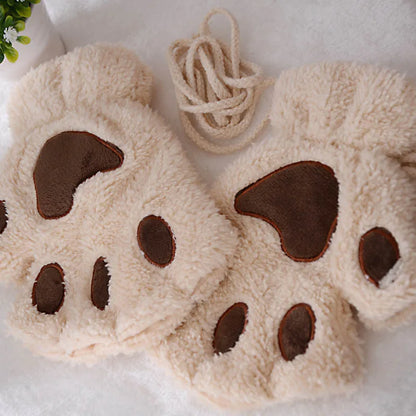 Cat Paw Plush Mittens – Cute Fingerless Fluffy Gloves for Women