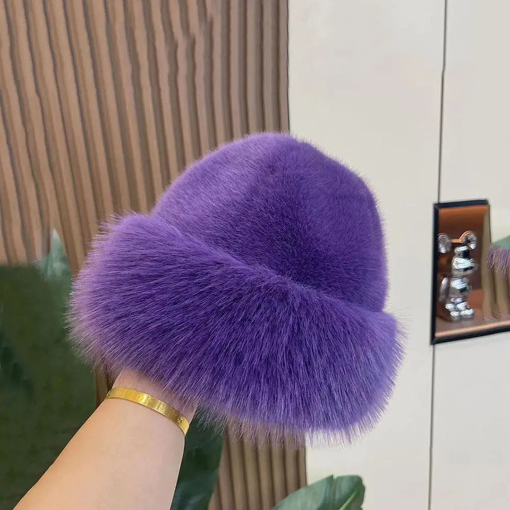 Women's Fluffy Faux Fur Winter Hat – Warm Windproof Bucket & Bomber Cap