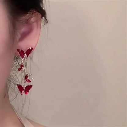 Women's Elegant Red Zircon Butterfly Drop Earrings | Sweet Metal Bow Fashion Jewelry for Girls