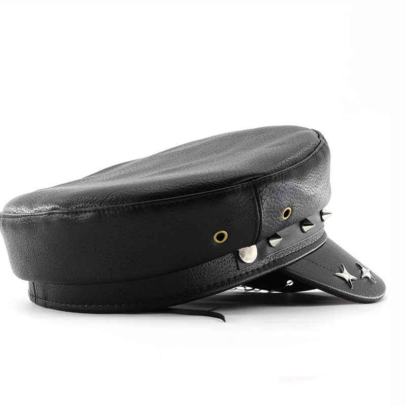 Women's Punk PU Leather Beret | Vintage Flat Top Military Cap for Outdoor & Casual Wear
