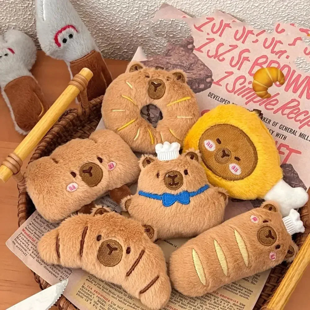 Cartoon Capybara & Croissant Plush Keychain | Soft Bread Food Stuffed Hanging Accessory