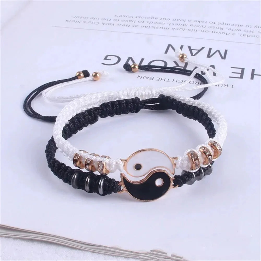 Couple Tai Chi Bracelet Set | 2pcs Black & White Adjustable Chain Bracelet for Daily Wear