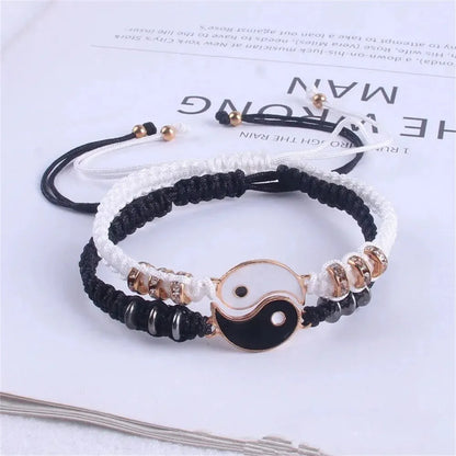 Couple Tai Chi Bracelet Set | 2pcs Black & White Adjustable Chain Bracelet for Daily Wear