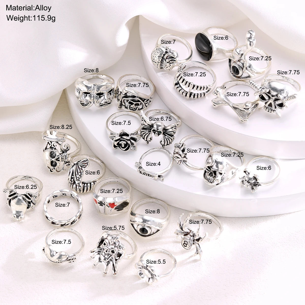 24 Piece Gothic Punk Ring Set for Men Skeleton Butterfly and Frog Jewelry