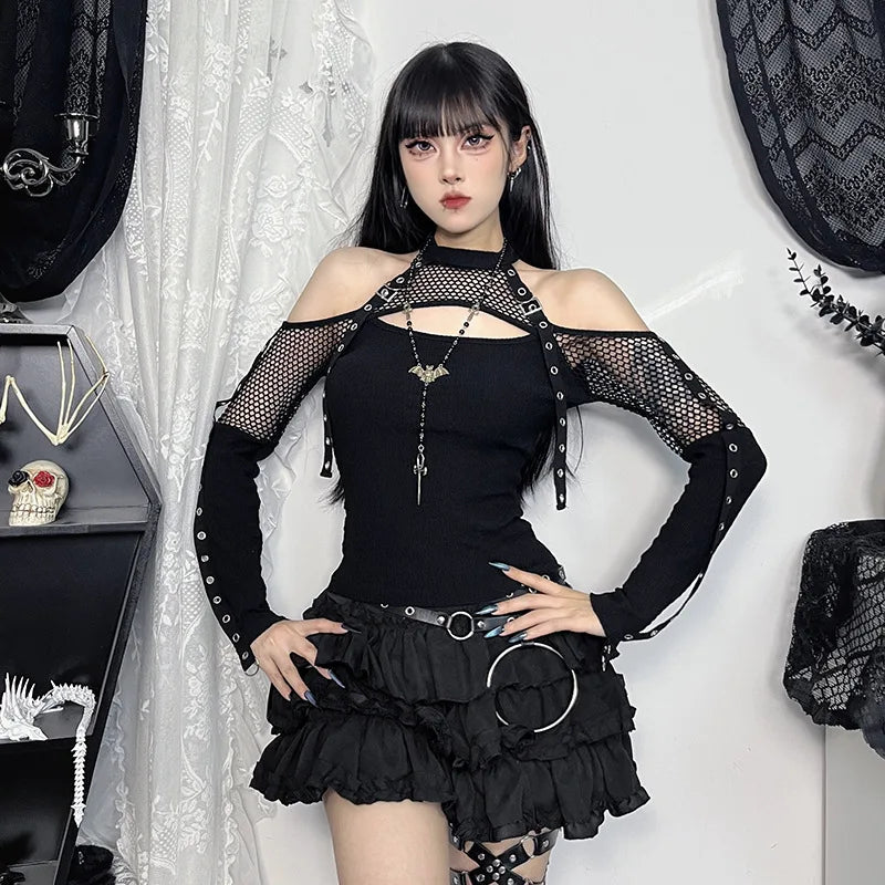 Women's Goth Dark Punk Fishnet Patchwork Off-Shoulder T-Shirt | Halter Crop Top Mall Gothic Streetwear