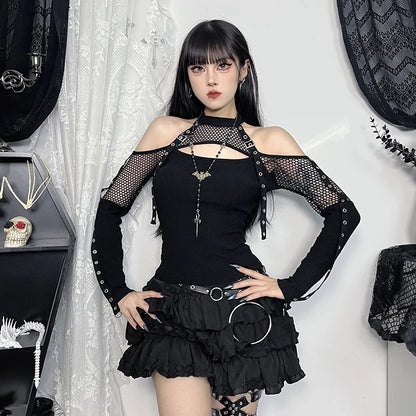 Women's Goth Dark Punk Fishnet Patchwork Off-Shoulder T-Shirt | Halter Crop Top Mall Gothic Streetwear