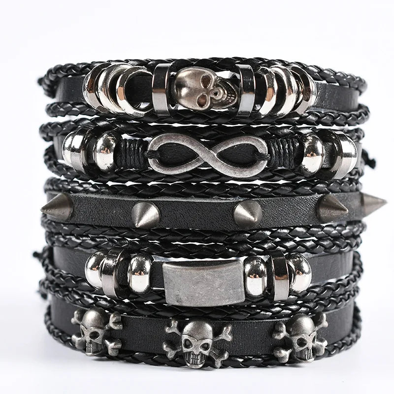 Men's Viking Leather Bracelet Woven Skull Adjustable Cuff
