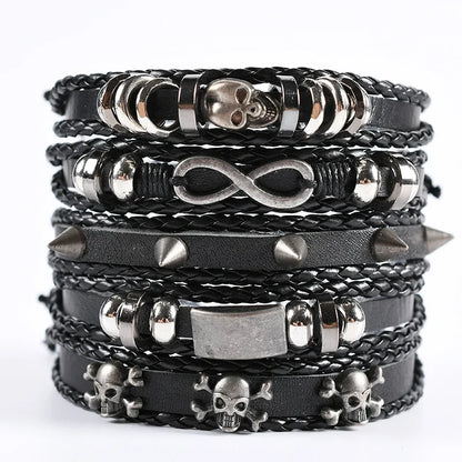 Men's Viking Leather Bracelet Woven Skull Adjustable Cuff