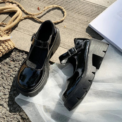 Women's Patent Leather Platform Mary Jane Pumps with Ankle Buckle