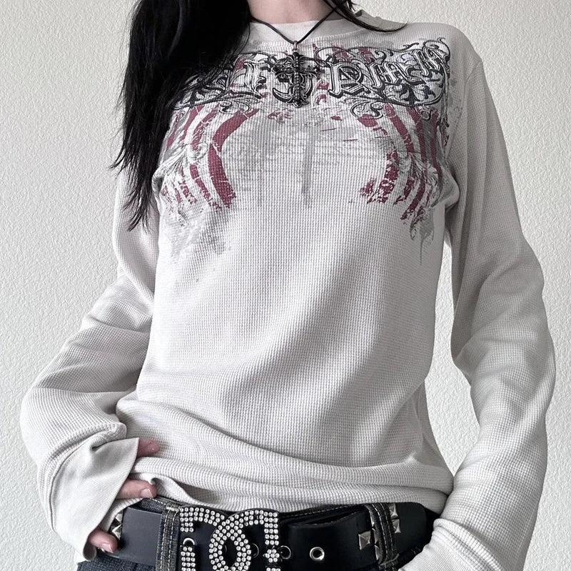 Women's Y2K Grunge Skull Graphic Thermal T-Shirt | 90s Vintage Aesthetic Long Sleeve Pullover Top
