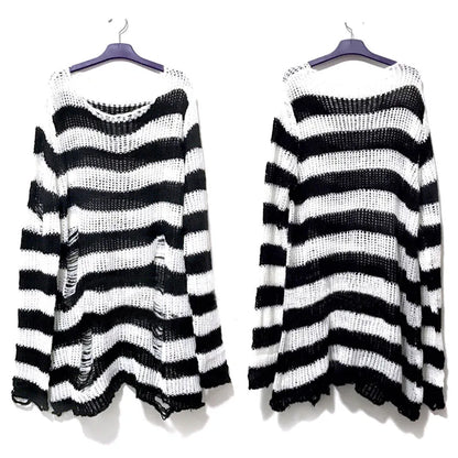 Women's Punk Gothic Hollow Out Sweater | Unisex Striped Loose Rock Dark Streetwear Top