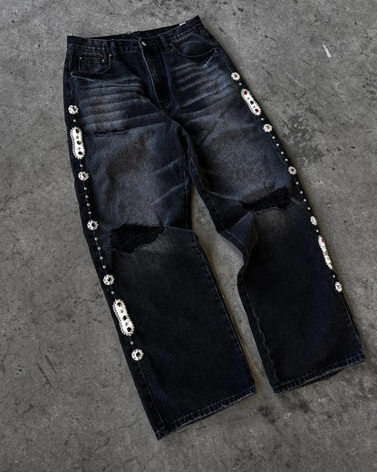 Cherry Blossom Embroidery Baggy Jeans for Men