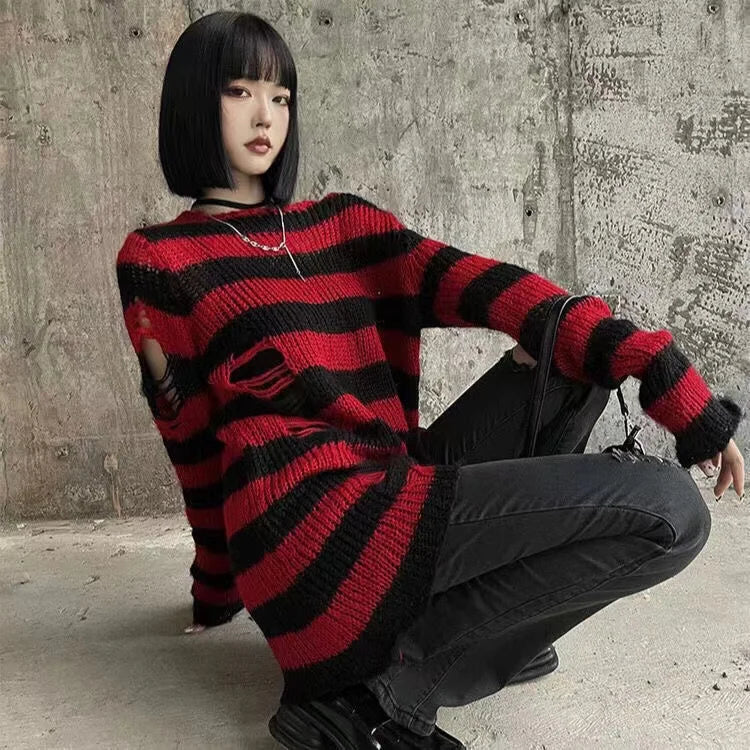 Women's Punk Gothic Hollow Out Sweater | Unisex Striped Loose Rock Dark Streetwear Top