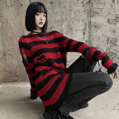 Women's Punk Gothic Hollow Out Sweater | Unisex Striped Loose Rock Dark Streetwear Top