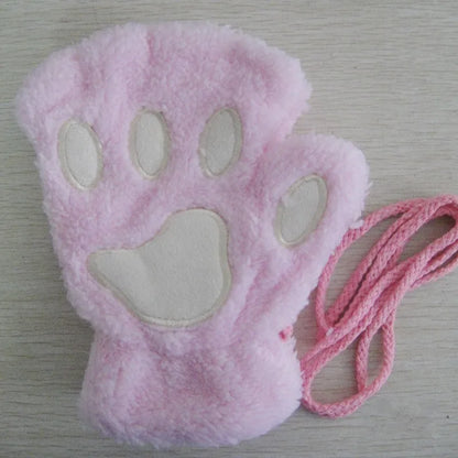 Cat Paw Plush Mittens – Cute Fingerless Fluffy Gloves for Women